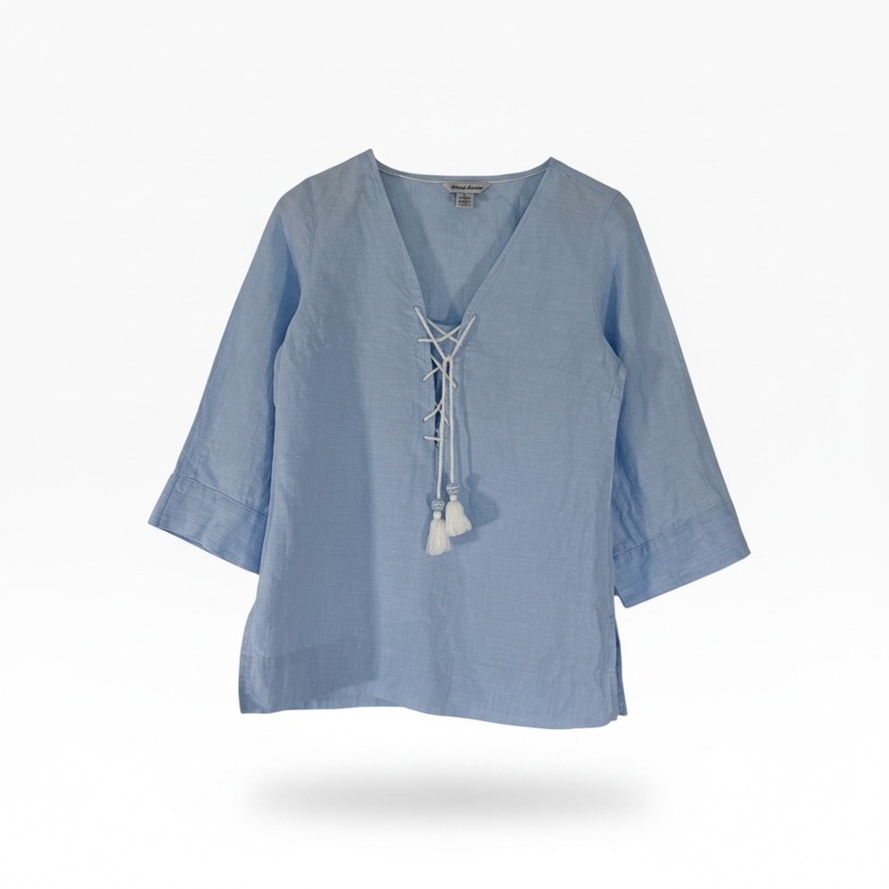 Tommy Bahama Women Light Blue 100% Linen Lace Up Tassel Tunic Top XS
